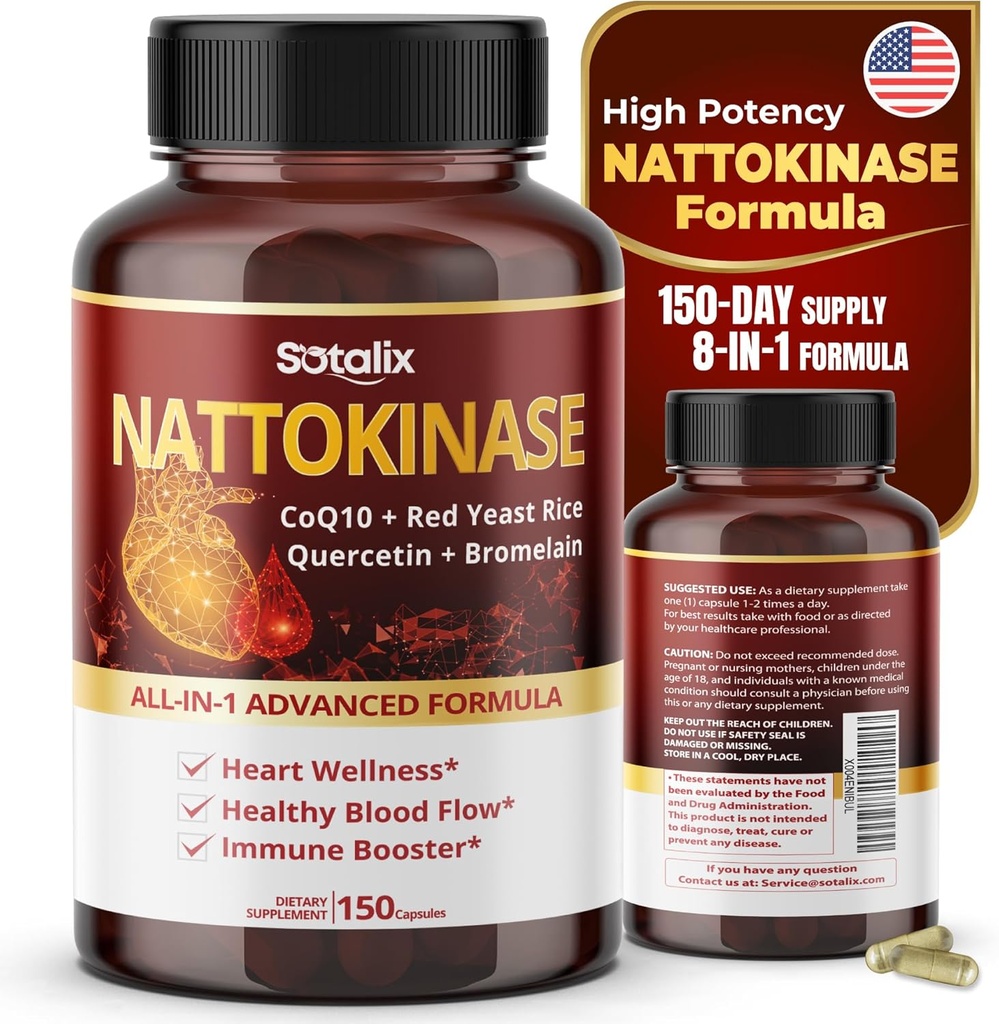 Natokinase med CoQ10 + rød gær Rice Quercetin + bromelain - immunbooster - USA Made & Tested (150-dages levering (pakke med 1))