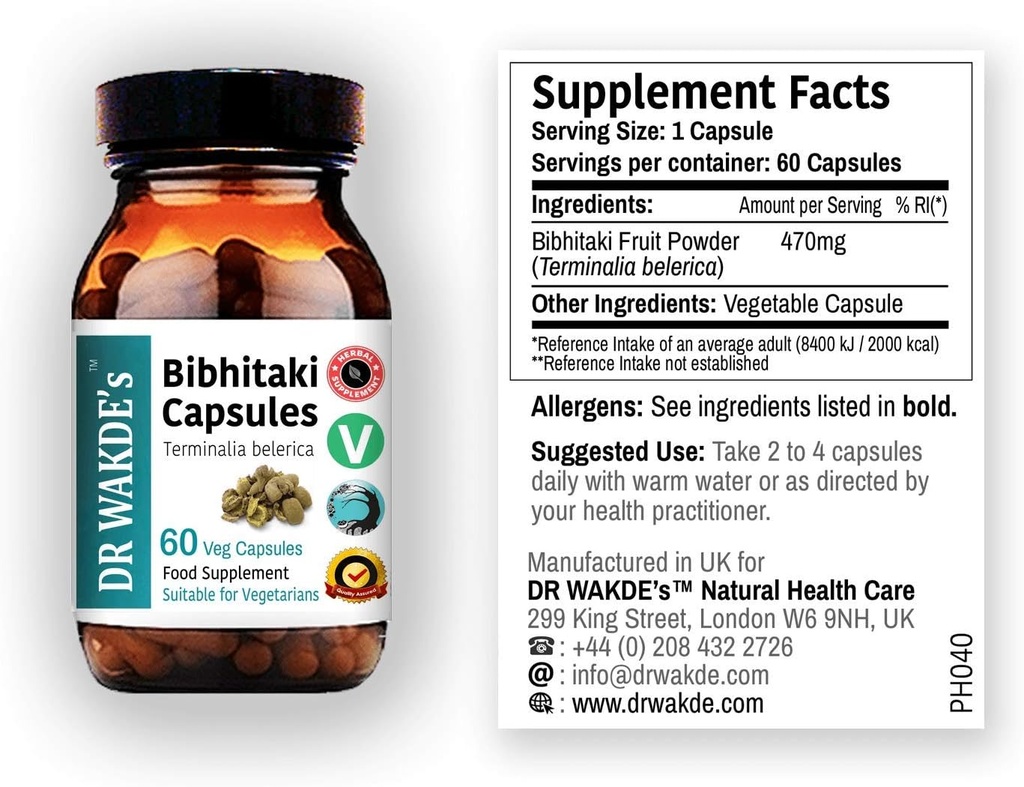 DR WAKDE 's Bibhitaki Capsules (Beheda, Terminalia belerica, 60 Veg Caps, Plant- baseret supplement, Ayurvedic Herb, All Natural, Vegan)