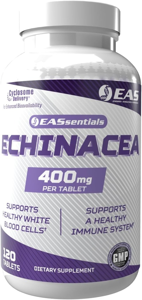 EAS Experimental and Applied Sciences Echinacea 400mg against 124; Tri Blend Formulering Shape 124; Immunation & Respiratory Support against 124; Gluten Free, Non GMO has 124; Better Absorption with Cyclopsome Delivery; 120 tabletter