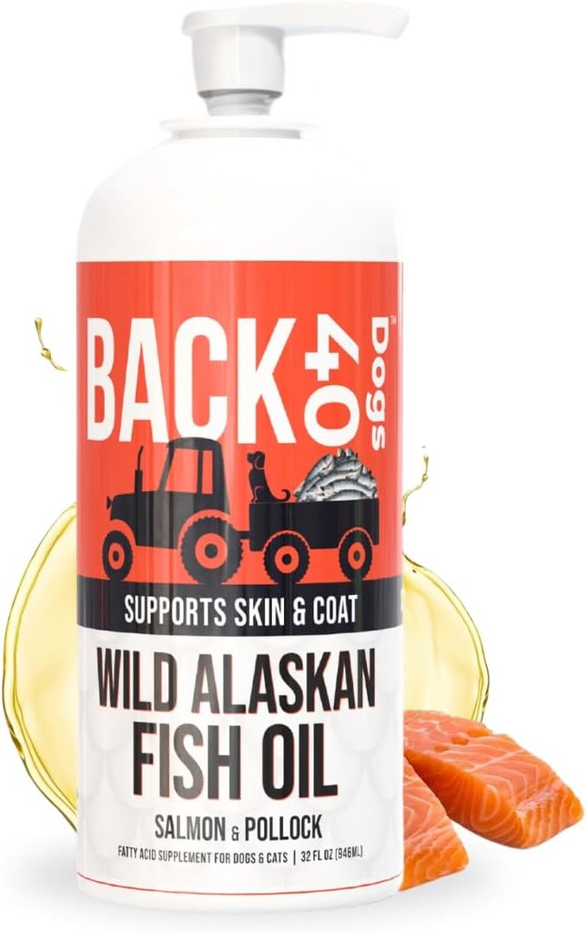 BACK 40 Hunde Wild Alaska Fish Oil for Hunde, Hud og Coat Supplement til Hunde & Kat, Omega- 3- Rich Salmon and Pollock Oil, EPA & DHA Dog Salmon Oil for Brain, Heart, og Joints 32 fl oz