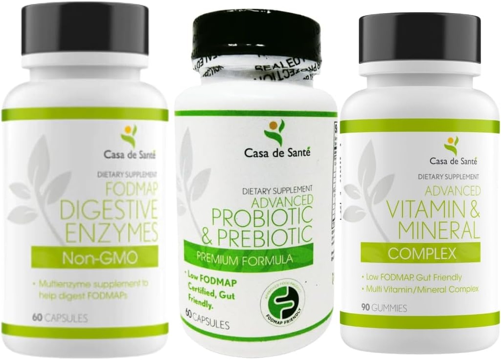 Casa de Sante Probiotic & Prebiotic Synbiotic, Advanced Vitamin & Mineral Complex Gummies og FODMAP fordøjelsesenzymer, Non GMO Low FODMAP Certificeret Bundle