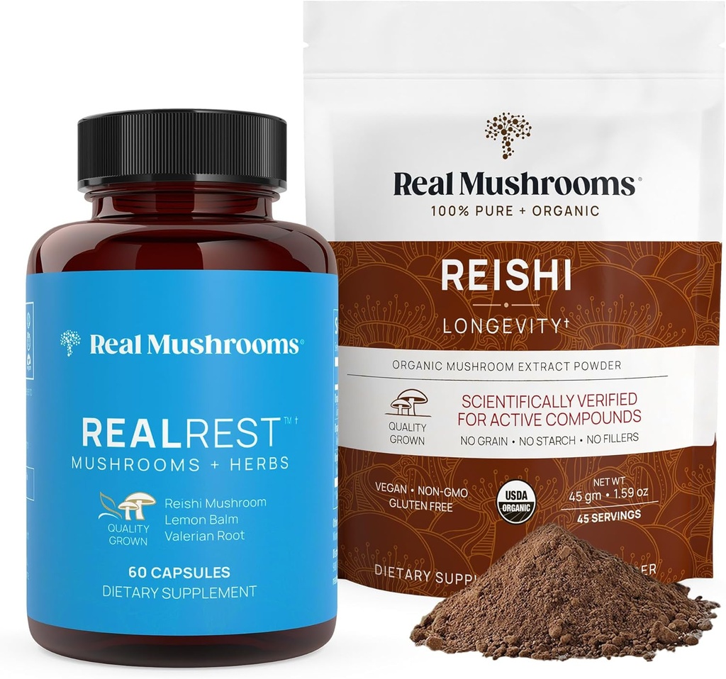 Real Mushrooms RealRest (60ct) Capsules and Reishi Mushroom Powder (45 Servings) Bundle - Mushroom Supplement for Longevity, Daily Immune Support, Improved Sleep and Relaxation - Vegan, Non-GMO
