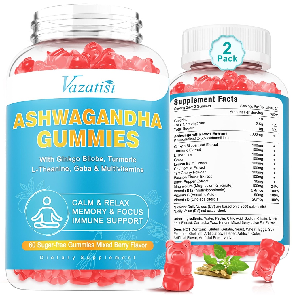 2 Pack Ashwagandha Gummies med gurkemeje GABA Mood energi og immunforsvar, blandet berry flavor 120 Cts