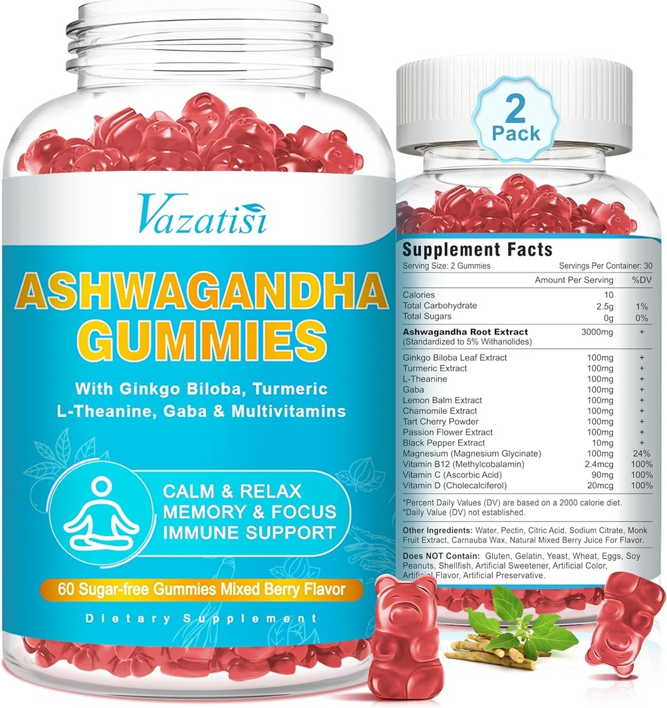 2 Pack Ashwagandha Gummies with Turmeric GABA Mood Energy and Immune Support, Mixed Berry Flavor 120 Cts