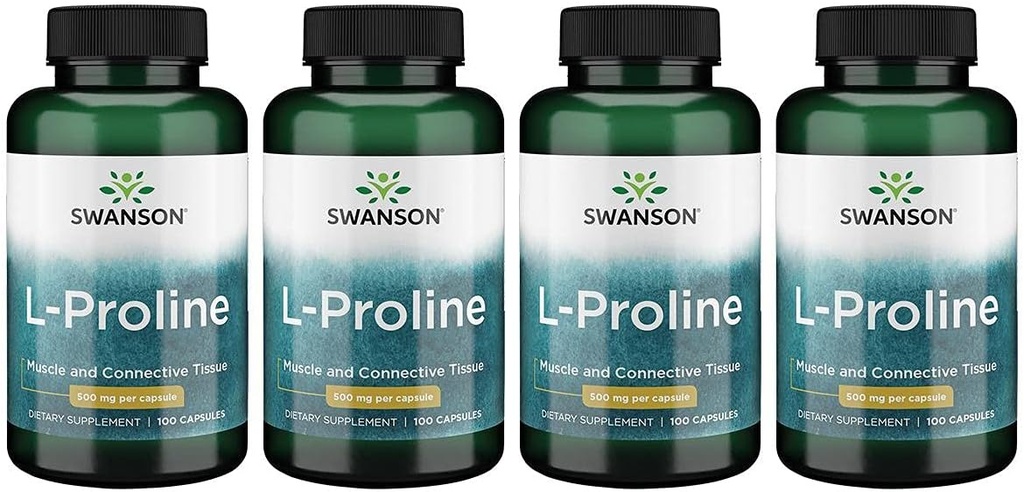Swanson Amino Acid L- Proline Kosttilskud Collagen Connective Tissue Support 500 mg 100 Kapsler (4 Pack)