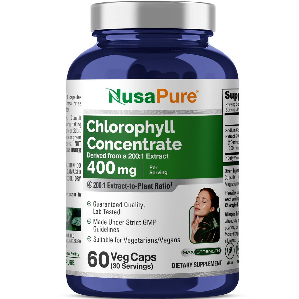 NusaPure Chlorophyll 200: 1 Extract, 400 mg Tilsvarende 80,000mg 60 Veggie Caps (Tilsvarende 80000mg pr Servering, Non- GMO, Vegan) Natriumkobber Chlorophyllin