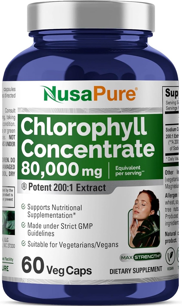 NusaPure Chlorophyll 200: 1 Extract, 400 mg Tilsvarende 80,000mg 60 Veggie Caps (Tilsvarende 80000mg pr Servering, Non- GMO, Vegan) Natriumkobber Chlorophyllin