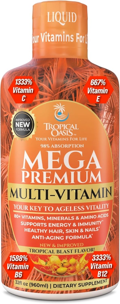 Mega Premium Liquid Multivitamin | Natural Immune Support Vitamin w/ 1333% Vitamin C, 200% D3, Zinc + 20 Vitamins, 70 Minerals, & 21 Amino Acids | Sugar Free | Orange Flavor | 98% Absorption | 32 Serv