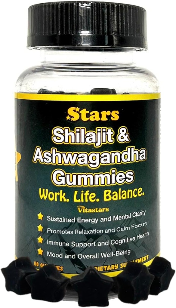 Shilajit Ashwagandha Gummies - Immune Support Supplement with Pure Shilajit Resin - Organic Ashwagandha Gummy for Stress, Energy & Wellness, 60 Natural Star-Shaped Gummies