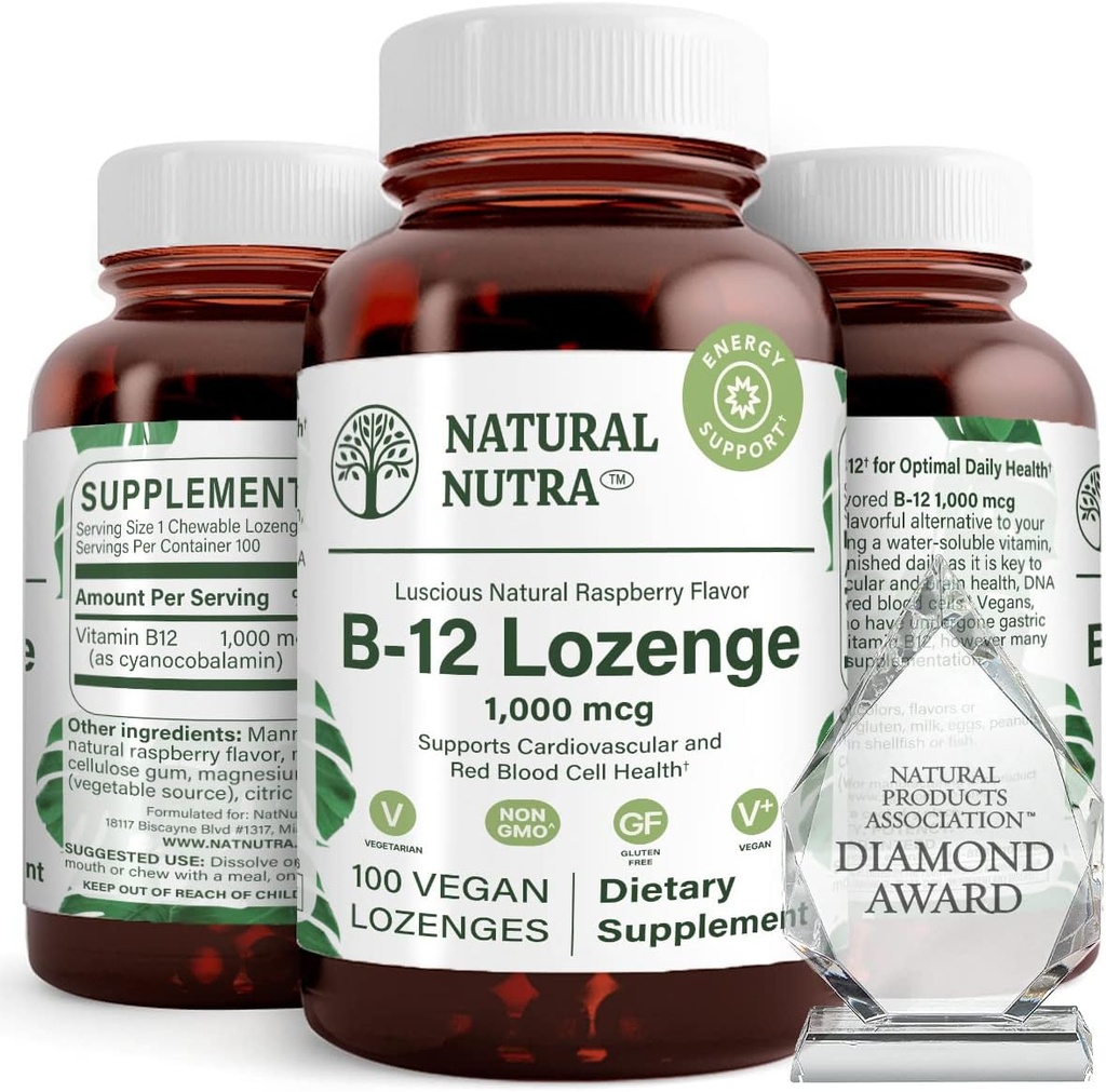 Naturlige Nutra Vitamin B12 supplement, Hjælper med at øge energiniveauer, Essential for sund nervesystem, Hjælper med at forbedre mood & mental sundhed, Understøtter kardiovaskulære system, 100 Lozenges