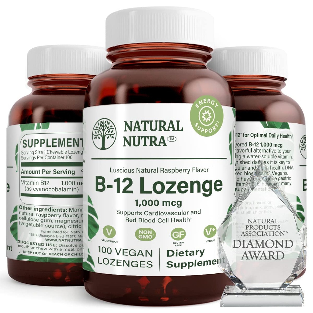 Naturlige Nutra Vitamin B12 supplement, Hjælper med at øge energiniveauer, Essential for sund nervesystem, Hjælper med at forbedre mood & mental sundhed, Understøtter kardiovaskulære system, 100 Lozenges