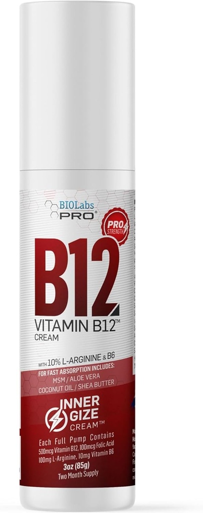 BIOLABS PRO INNERGIZE B12 Cream - Alle naturlige emner B12 w / B6 & 10% L- arginin - Avanceret neurologisk & Preworkout support - Professional Grade methyl B12 - B6