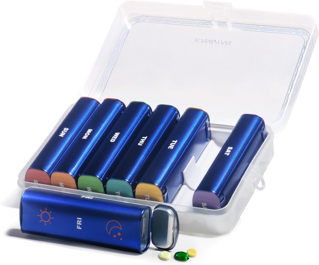 Metal Weekly Pill Organizer 2 gange om dagen, Aluminium Alloy Portable Travel Pill Box 7 dag, AM PM to gange daglig Pill sag for vitamin, medicin, tillæg, fiskeolie