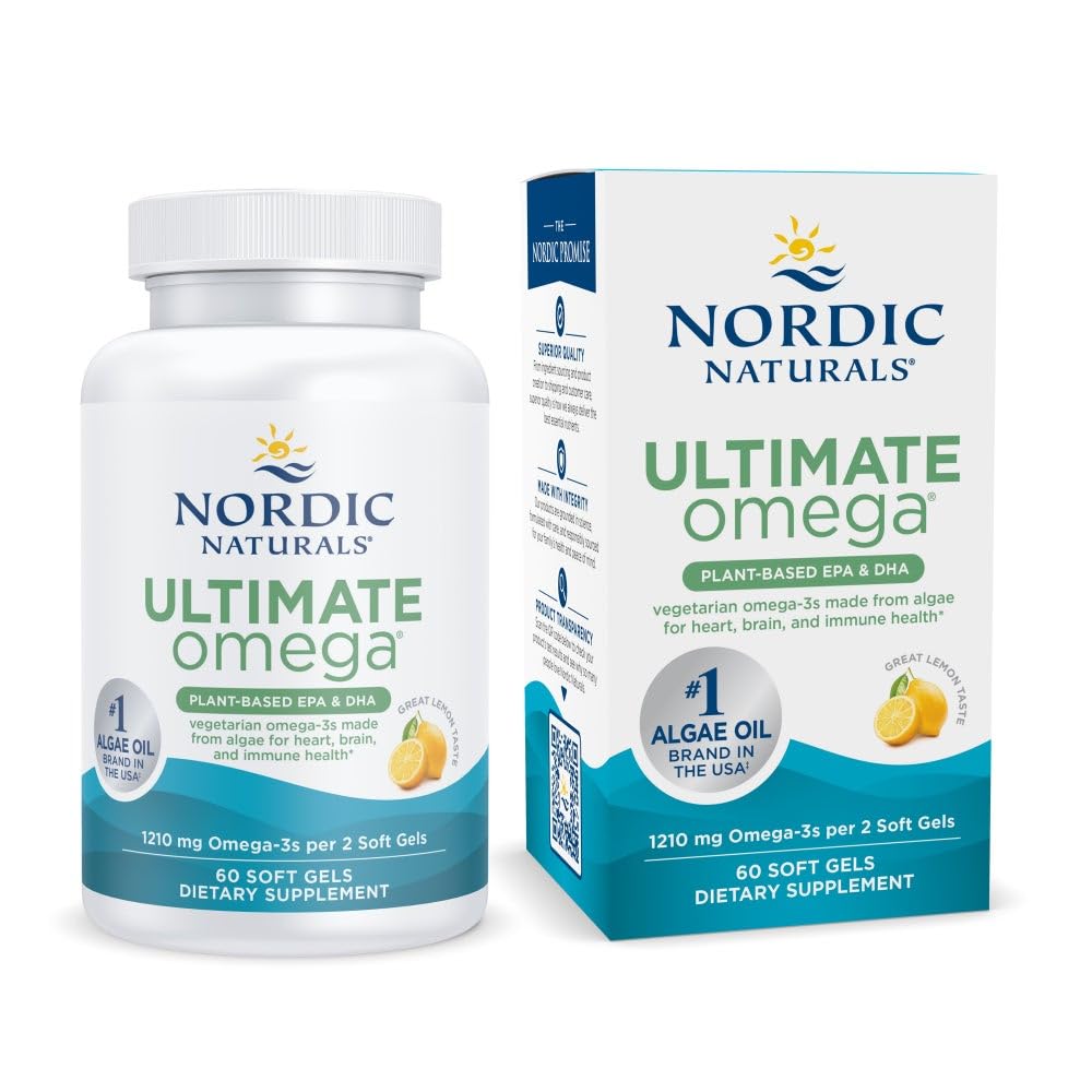 Nordic Naturals Plant Based Ultimate Omega, Lemon Flavor - 60 Vegetar Soft Gels - 1210 mg Omega-3 - Vegan EPA og DHA - Supplement Lavet af Alger - Brain & Heart Support - non-GMO - 30 Serveringer