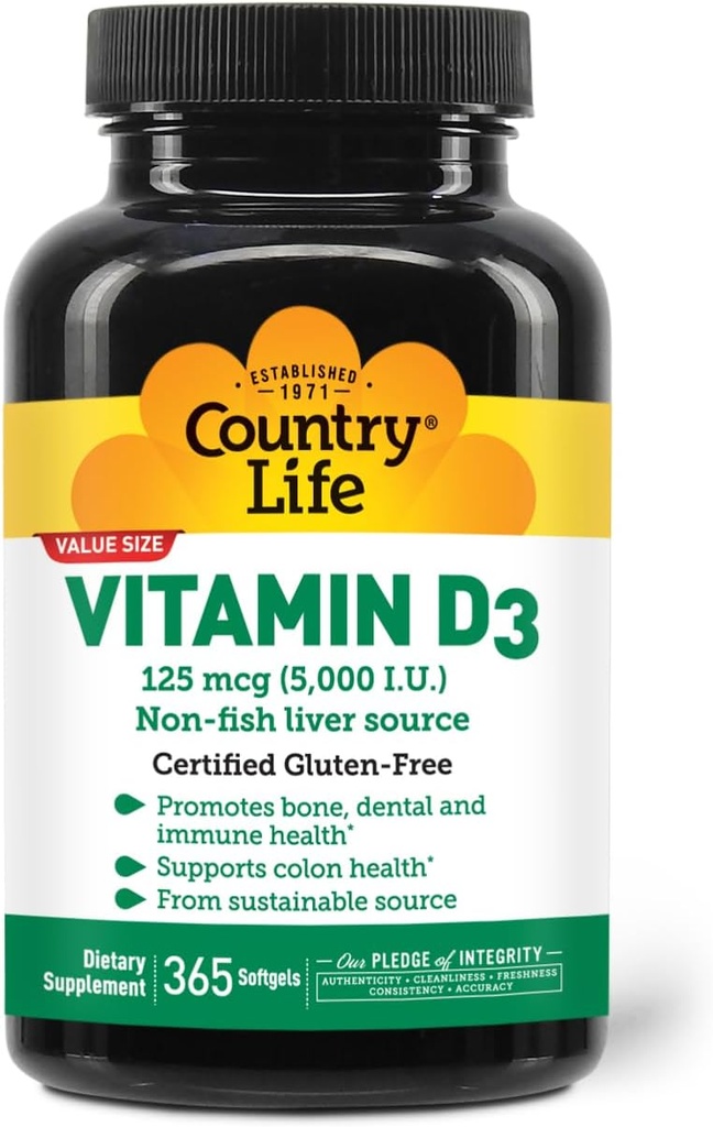 Country Life Vitamin D3 5000 IE - Høj potens, Non- Fish Source, Understøtter ben sundhed, immunfunktion & Calcium Absorption - 365 Softels, Certified Gluten- Free, Long- Term Supply