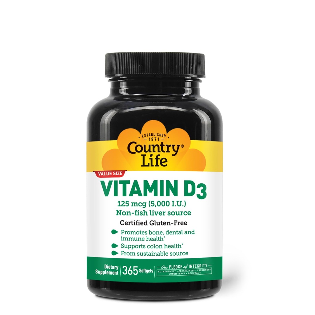 Country Life Vitamin D3 5000 IE - Høj potens, Non- Fish Source, Understøtter ben sundhed, immunfunktion & Calcium Absorption - 365 Softels, Certified Gluten- Free, Long- Term Supply