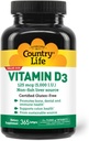 Country Life Vitamin D3 5000 IE - Høj potens, Non- Fish Source, Understøtter ben sundhed, immunfunktion & Calcium Absorption - 365 Softels, Certified Gluten- Free, Long- Term Supply