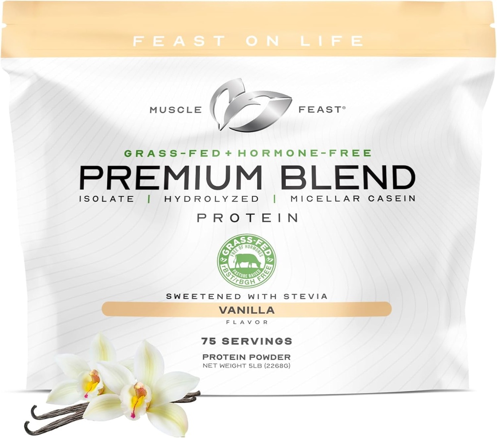 Muskel Feast Grass Fed Premium Blend Whey Protein, Hydrolyzed Whey, Isolate, Micellar Casein, 21g Protein, 100 kalorier (Vanilla, 5lb)