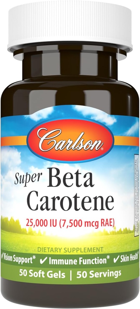Carlson - Super beta caroten, 25000 IE (15 mg), vitamin A som beta caroten, biotilgængelig og bioaktiv form, Vision Health, Sund Hud, 50 Softgels