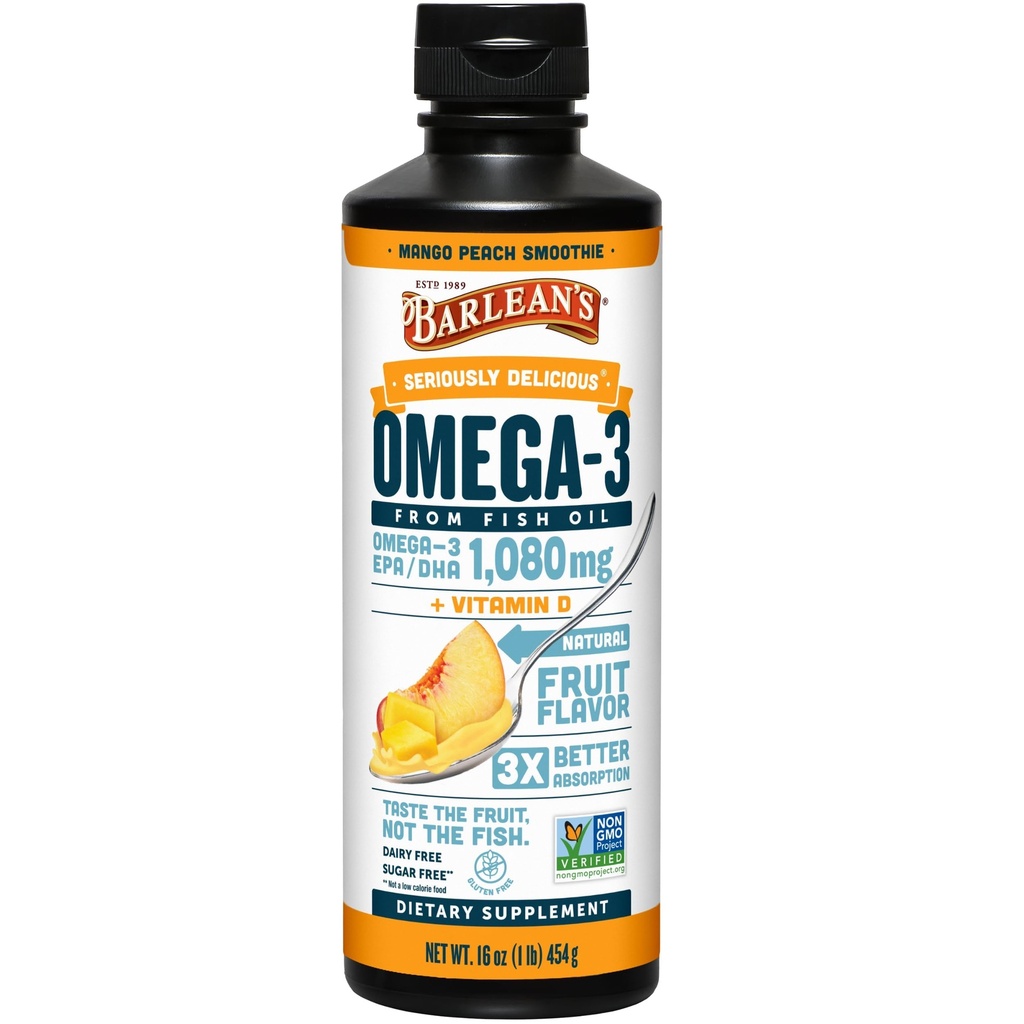 Barlean 's Omega 3 Fish Oil Liquid Supplement med D-vitamin til mænd og kvinder, 1080mg af EPA og DHA fedtsyrer, fremmer hjerne & hjerte sundhed - non-GMO, Mango Peach, 16 oz