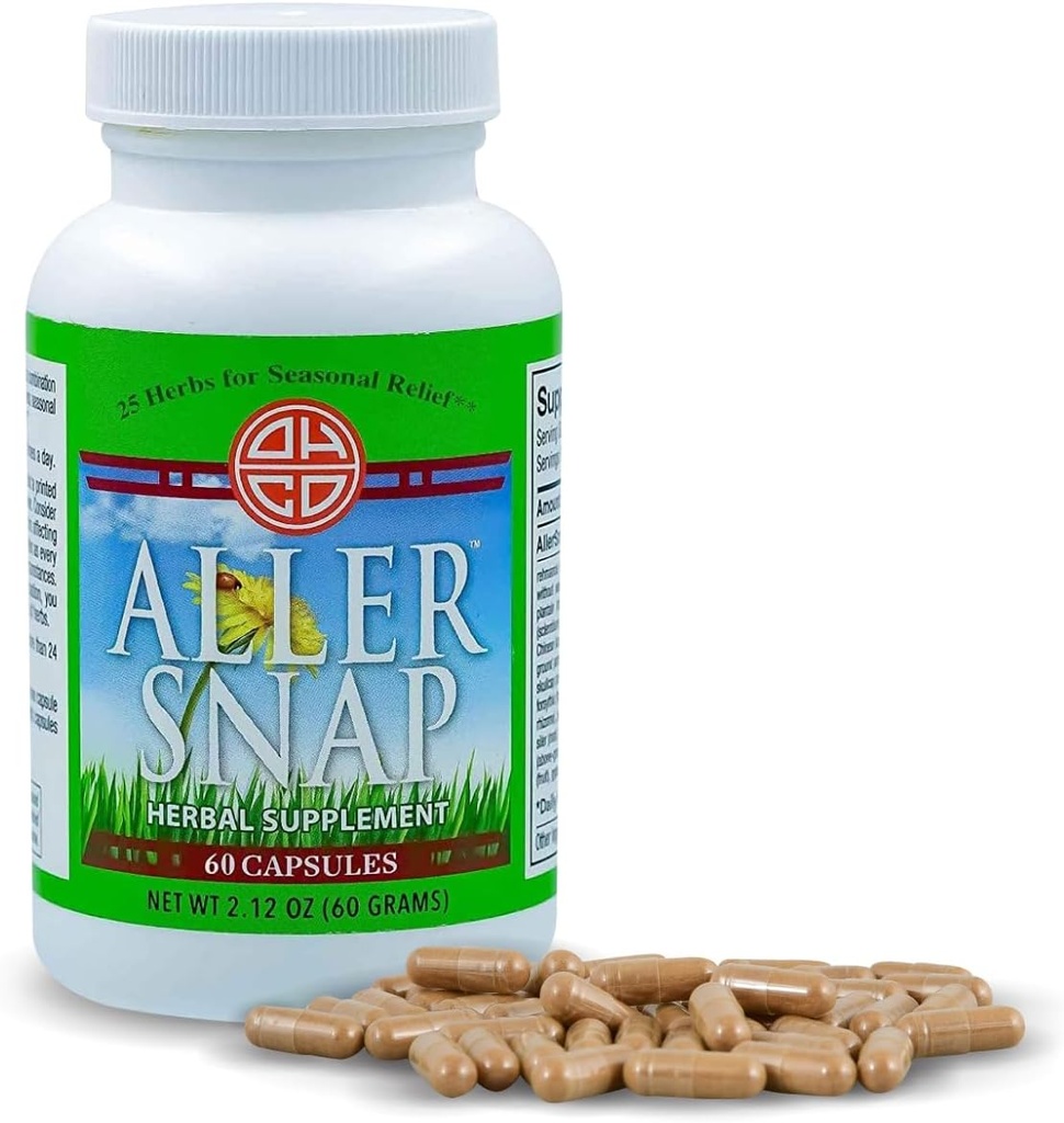 Aller Snap - Kinesisk Herbal Supplement med 25 urter til Sæsonallergi Symptomer, Irritation - Non- Drowsy, Non- Stimulerende, Fast- Fungerende Naturlig Allergi Medicin - 60 kapsler