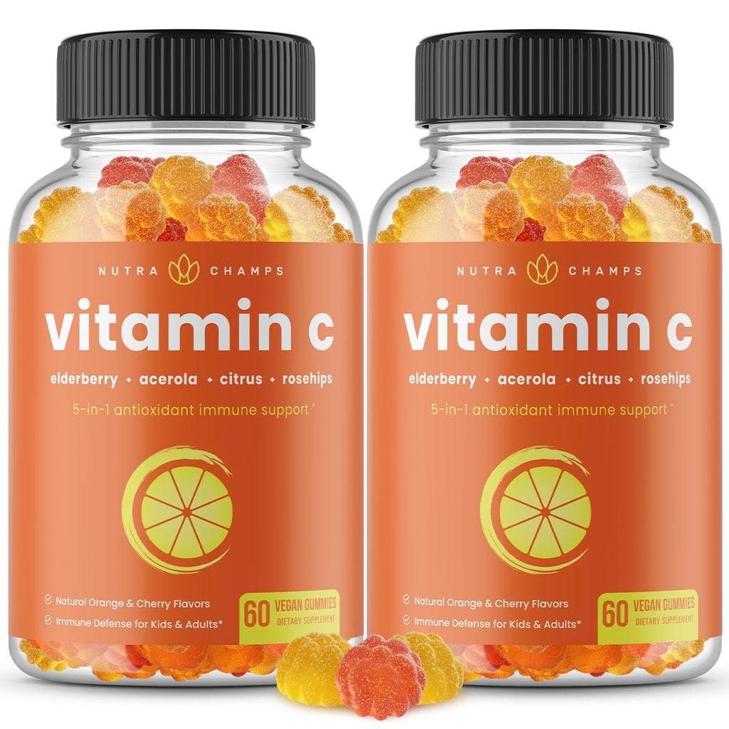 NutraChamps C-vitamin Gummies til voksne og børn, 51- 1- immunsystem support med hyldebær, rosehips, Citrus Bioflavonoider & Acerola Cherry, Immunity Booster Supplement (pakke med 2)