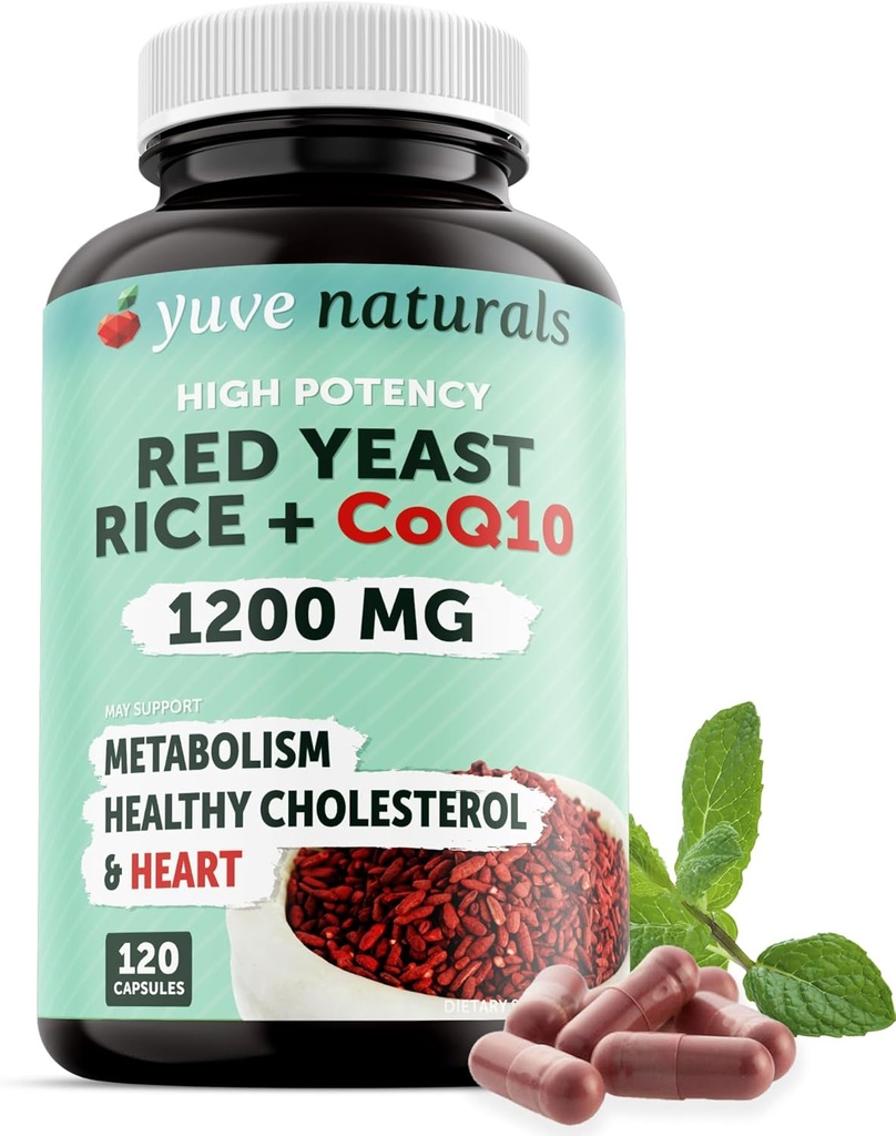 100% Natural Red Gær Rice 1200 mg med CoQ10 100 mg, 2 i 1, Opretholde sunde Cholesterolniveauer - 120 Veggie kapsler