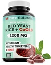 100% Natural Red Gær Rice 1200 mg med CoQ10 100 mg, 2 i 1, Opretholde sunde Cholesterolniveauer - 120 Veggie kapsler