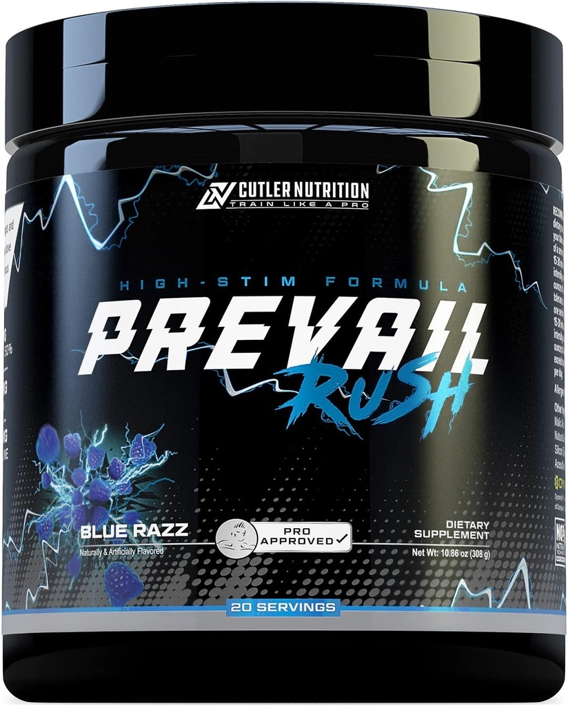 Cutler Nutrition High Stim Pre Workout Powder Prevail Rush Preworkout for Mænd & Kvinder til Intense Pumper Energi og Fokus med Koffein NO3T Betain og Dynamine Mea124; Sour Blue Razz (20 Servere)