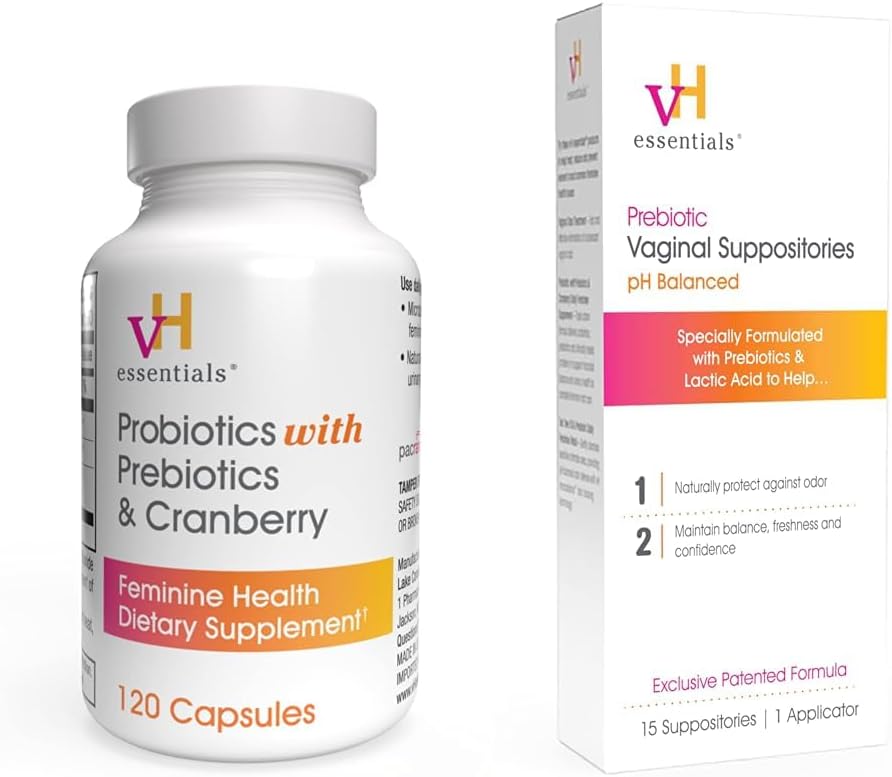 vH essentielle Probiotika med Prebiotika og Cranberry Feminin Health Supplement - 120 Kapsler (544- 36) & Prebiotic PH Balanceret Vaginal SuppositoresBox, Original version, 15 Greve