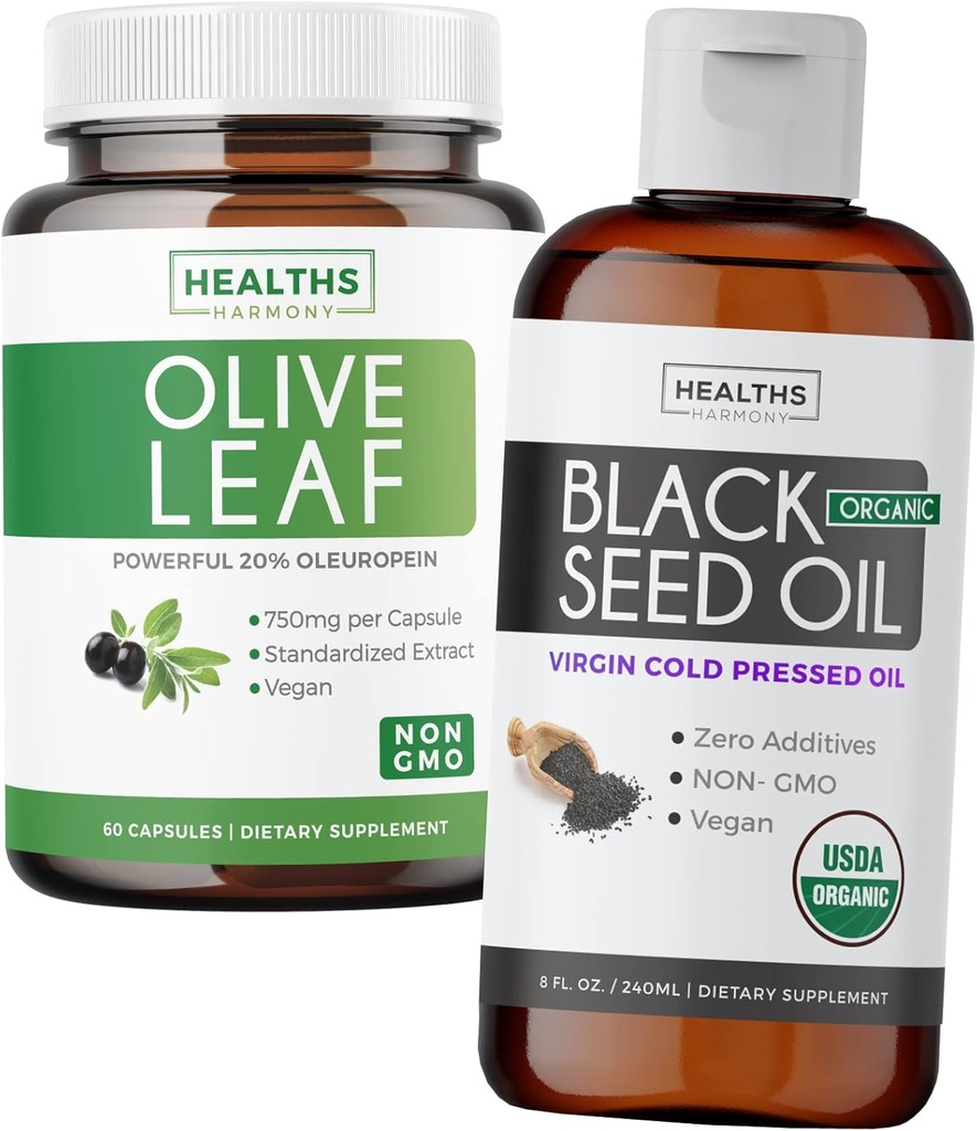 Bundle of Black Seed Oil Liquid & Olive Leaf Extract - immunsupport Synergy Bundle - Organic Black Seed Oil Liquid (8 fl oz) & Olive Leaf Extract med 20% Oleuropein immunsupplement (60 Capsule)