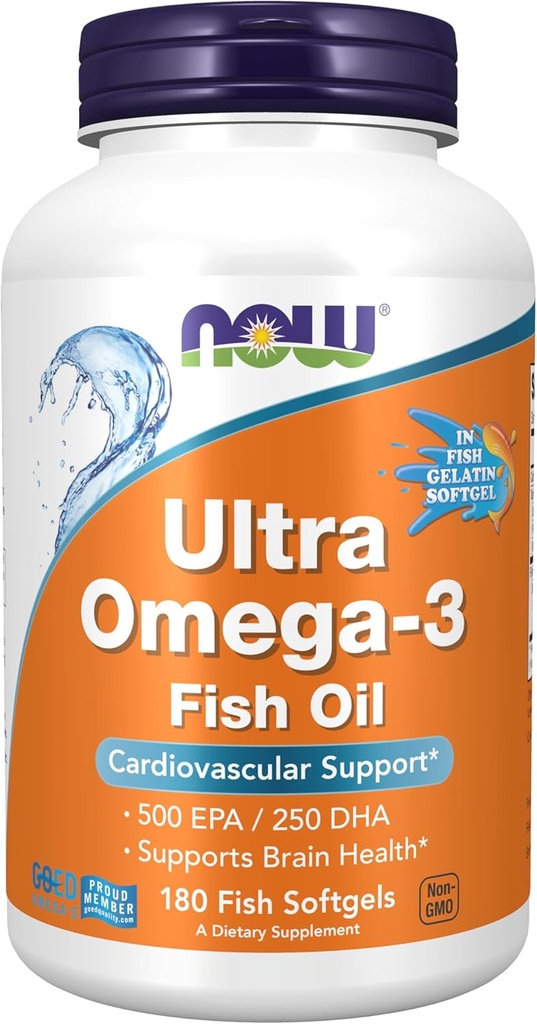 NOW Foods Supplements, Ultra Omega-3, 500 EPA and 250 DHA, Cardiovascular Support*, 180-Fish Gelatin Softgels