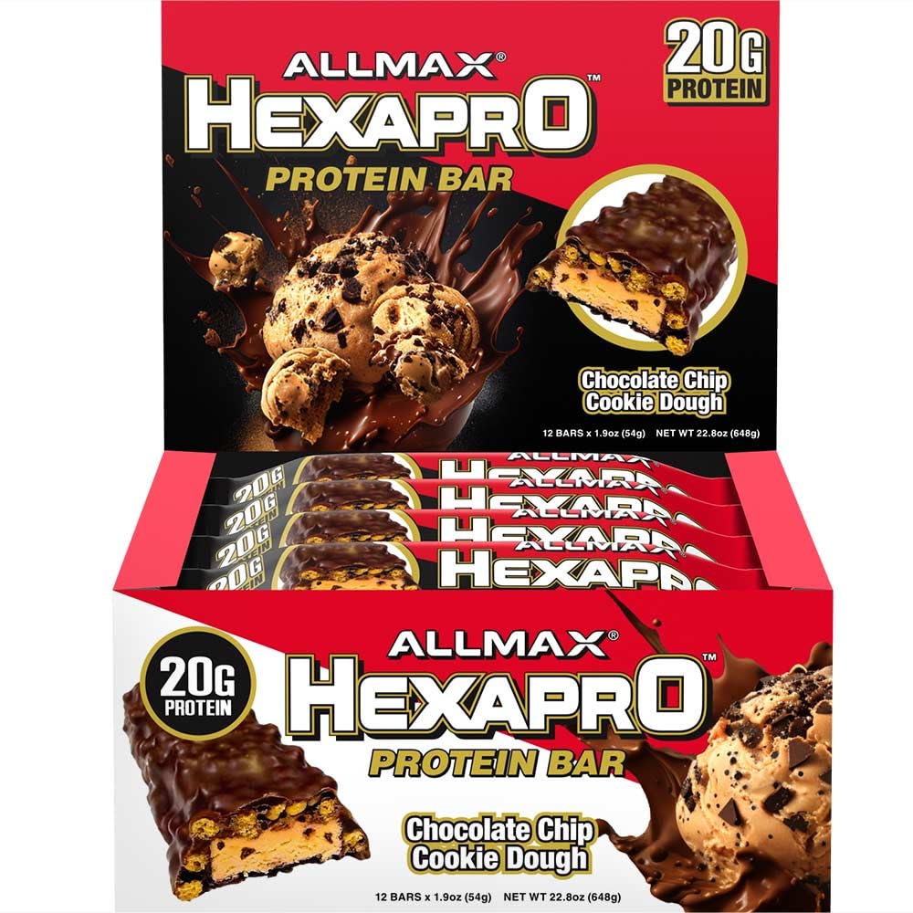 ALLMAX HEXAPRO PROTEIN BAR, Chokolade Chip Cookie Dough - Pack of 12 - High-Protein Energy Snack - 20 g Protein Per Bar - Med Whey Protein Isolate
