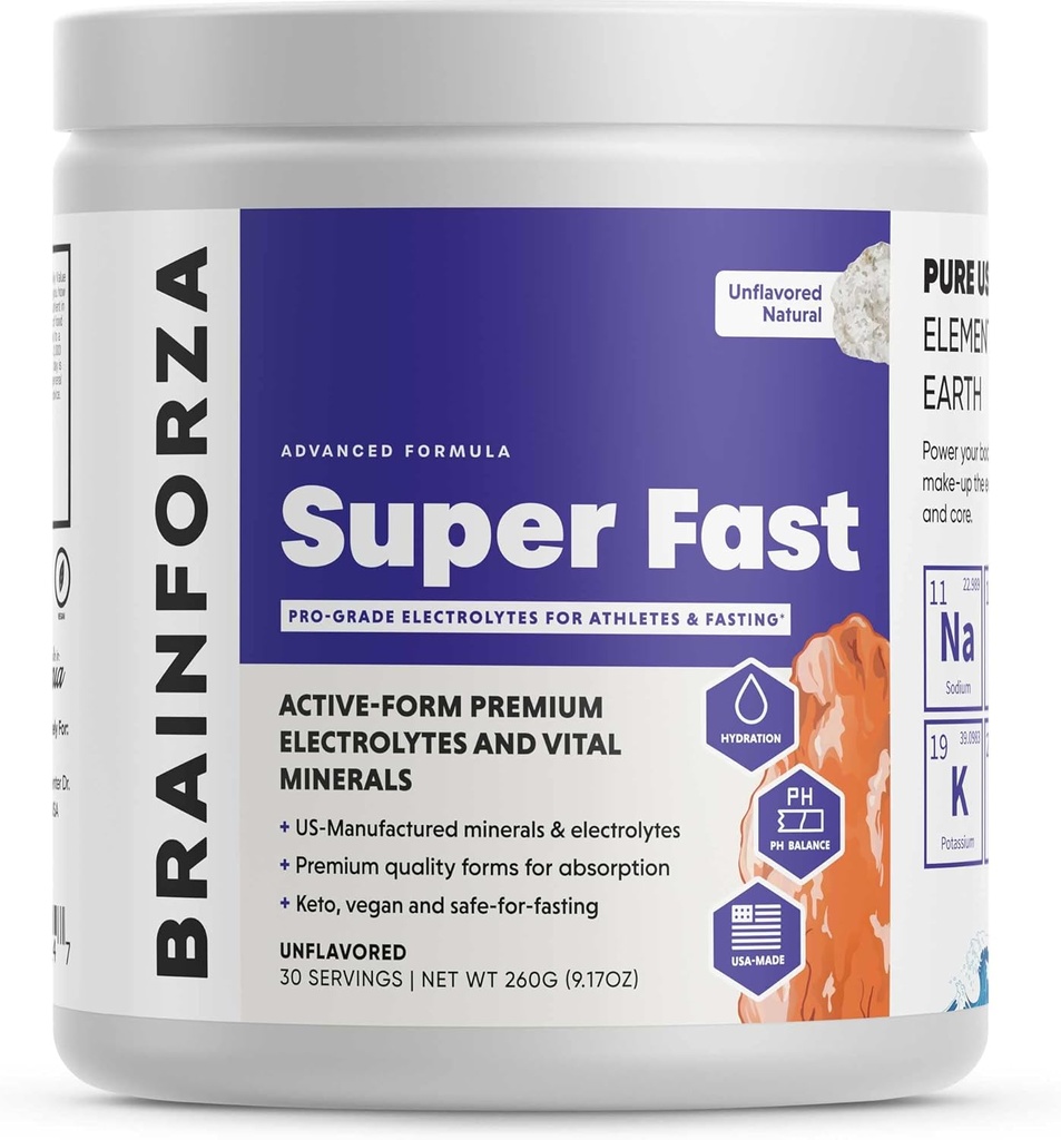 Brain Forza Super Fast Keto Electrolytes for fasting - Premium Electrolytes, Ingen sukker eller smag w / Kalium, natrium, Magnesium, Calcium, zink, Pink Himalayan salt, (30srv, Unflavored)