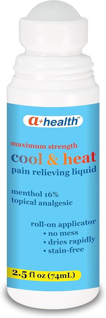 A + sundhed Cool & Heat Pain Lemping Liquid, Menthol 16%, Maksimal styrke, Roll On, Made in USA, 2,5 fl Ounces (CoolHeat)
