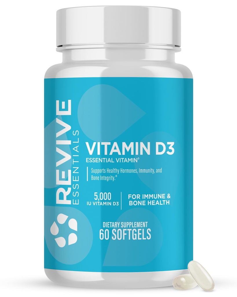 Revive MD D3- vitamintilskud, 5000 IE - højpotens Cholecalciferol til immunforsvar, kalciumabsorption, ben - og muskelsundhed - non- GMO - kosttilskud med ingen fyldstoffer - 60 bløddele