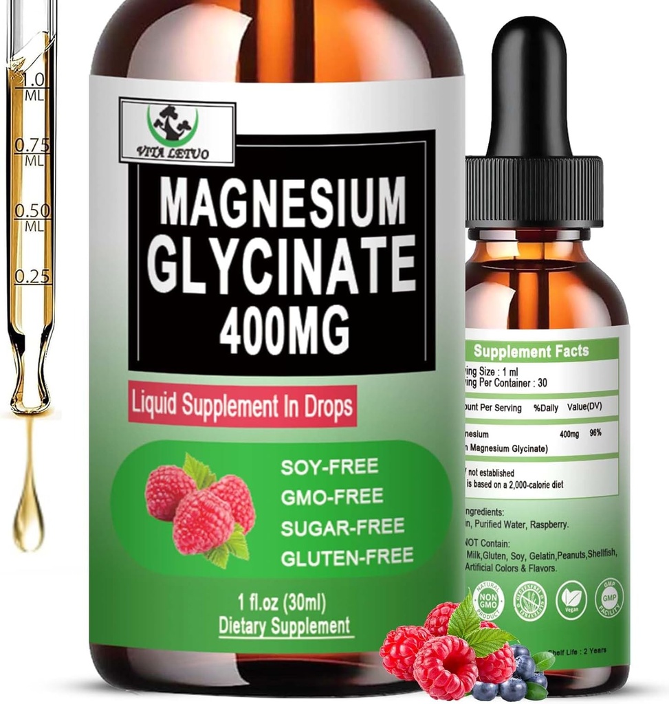 Magnesium Glycinat 400mg, Flydende Magnesium Glycinat Drops 6X Høj Absorption for ben, immunforsvar, Vegan, Non- GMO, Gluten- Free