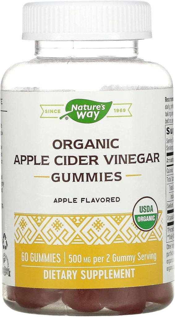 Nature 's Way Organic Apple Cider Vinegaver Gummies, 500 mg Organic Apple Cider Vinegaver per 2 - Gummy Serving, Apple Flavored, 60 Gummies (Packaging May Vary)