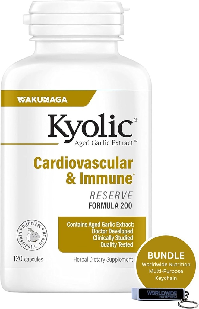 Worldwide Nutrition Bundle Kompatibel med Kyolsk Aged Hvidløg Uddrag, Kardiovaskulær & Immun - Reserve Formel 200, Kyolc Aged Hvidløg Udtræk Kapsler 120 Greve og Multi- Formål Key Chain