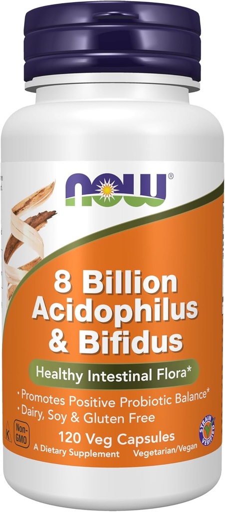NOW Foods Supplements, 8 Billion Acidophilus & Bifidus, Dairy, Soy and Gluten Free, Strain Verified, 120 Veg Capsules