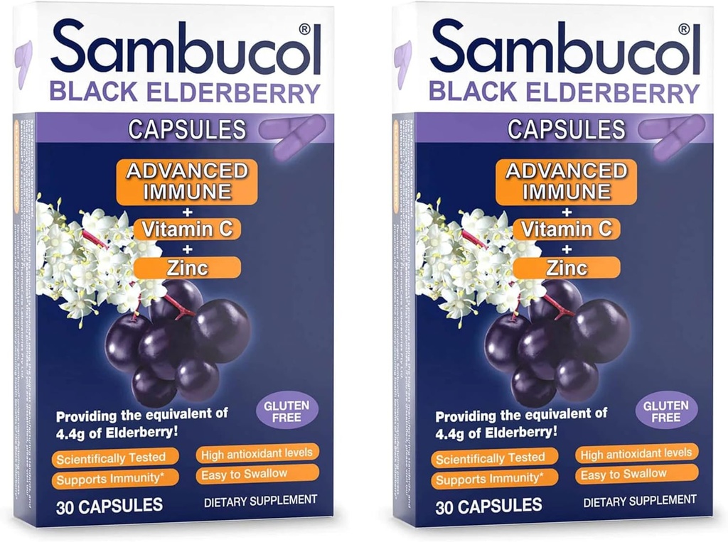 Sambucol Black Elderberry Kapsler - Avanceret immun, C-vitamin og zink, Elderberry Kapsler, Immunstøtte, Black Elderberry Kosttilskud, Gluten Free, Let at synke Kapsler - 30 Greve, 2 -Pack