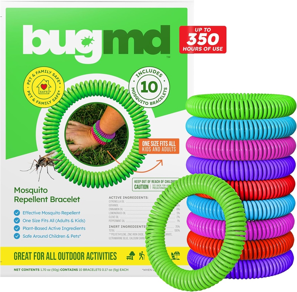 BugMD 10 Pack Mosquito Armbånd, DEET-Free Bands til voksne & Børn, Natural & Vandtæt Citronella armbånd til Camping, Vandreture, Beach, Rejser & Udendørs Essentials