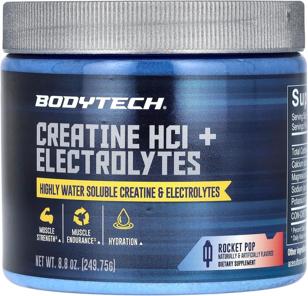BODYTECH Creatin HCl + Electrolytes Powder a Highly Water- Opløselig & Bioavailable a Rocket Pop (8.8 oz. / 75 Servering)