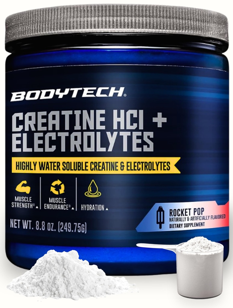BODYTECH Creatin HCl + Electrolytes Powder a Highly Water- Opløselig & Bioavailable a Rocket Pop (8.8 oz. / 75 Servering)
