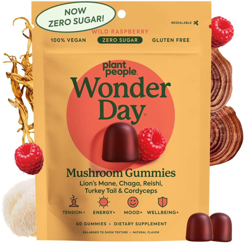 Plant People WonderDay Mushroom Gummies - Lion’s Mane Gummies with Cordyceps & Chaga Mushroom - Support Immune System & Boost Mood, Stress Reponse & Energy in Adults - Natural, Vegan, Non-GMO, 60-Ct