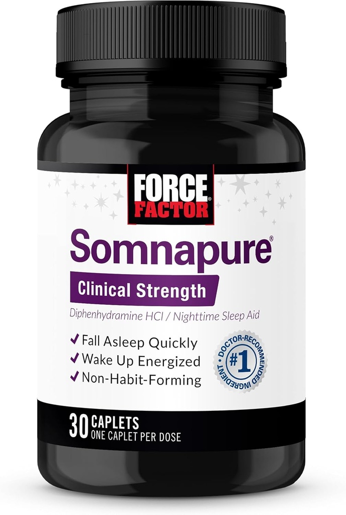 FORCE FACTOR Somnapure Clinical Strength Sleep Aid for Voksnes, Diphenhydramin HCl, Non-Habitat-Danning, Nighttime Sleep Support, 30 Caplets
