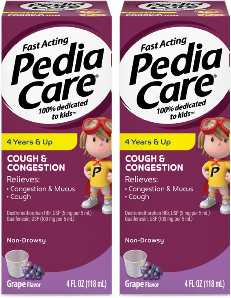 Børne Hoste & Congestion Flydende medicin til Hoste, Bryst Congestion og Mucus Kolde Symptomer, Non- Drowsy, Age 4 +, Grape Flavor, 4 fl oz (2 Pack)
