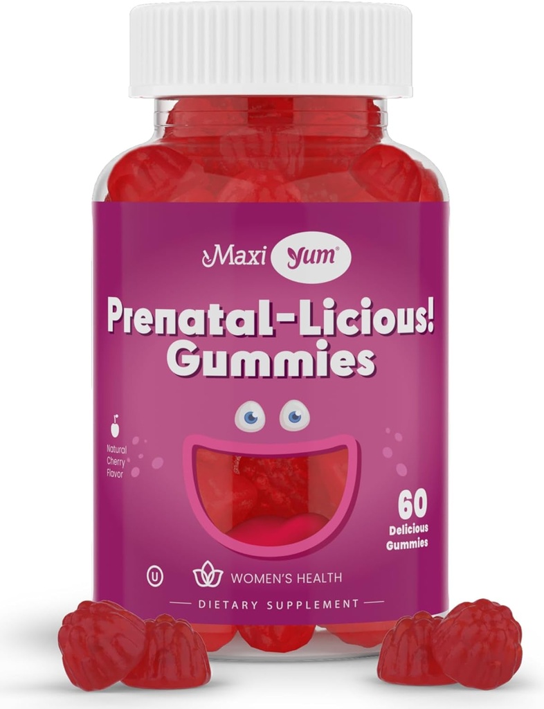 Maxi Health Kvinder Organic Prenatal Gummies - Kosher Cherry Flavored Pre Natal Gummy - Prenatal Vitaminer for kvinder med folinsyre og jern til føtal udvikling, 60 Greve