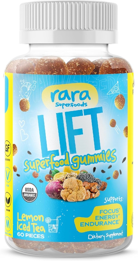 Lift Focus USDA Organic Certified Gummies - Natural Brain Support, Vegan & Gluten- Free, Infunded with Yerba Mate, Lions Mane, Wild Purple Maca & Chaga (60 Gummies, Lift)