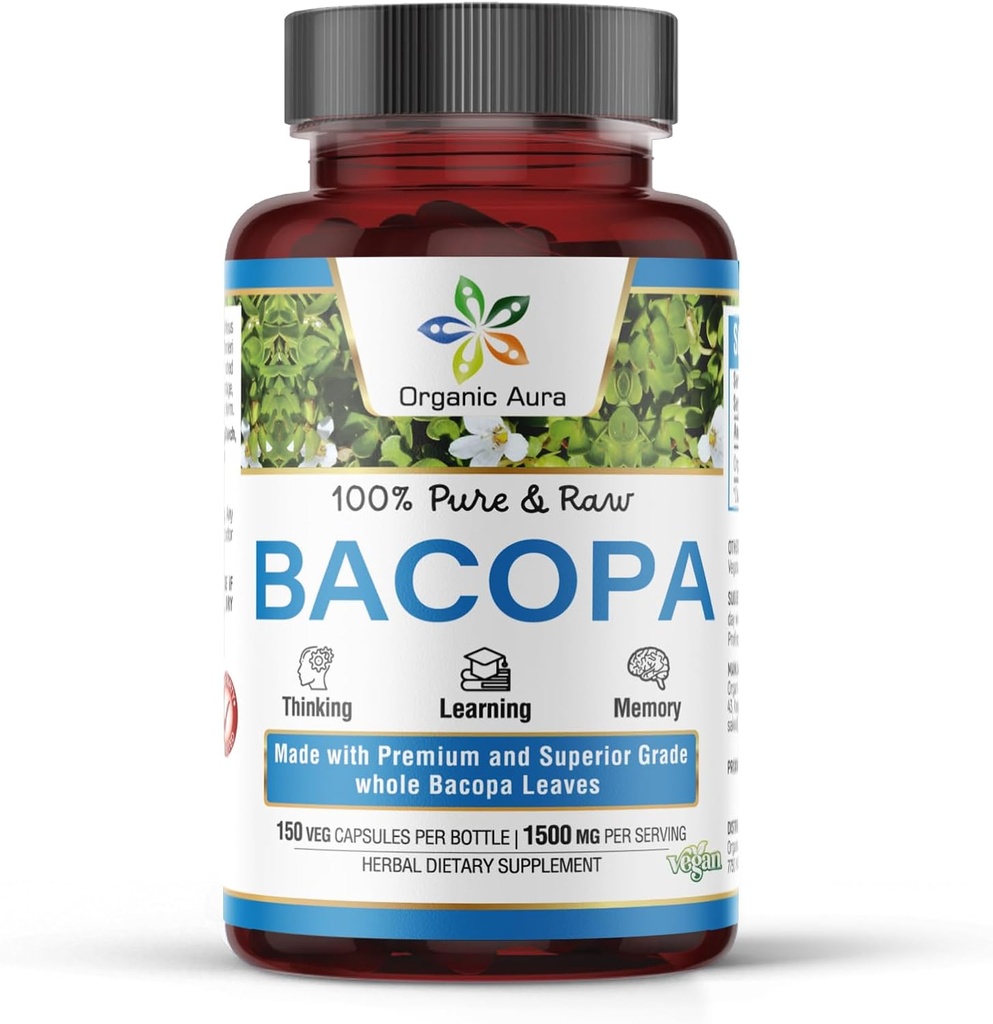 Organic Aura BACOPA Capsules.150 Veg HPMC Capsules 1500mg per servering. Urtetilskud, mental alerness, støtter rolig, hukommelse, kognition.